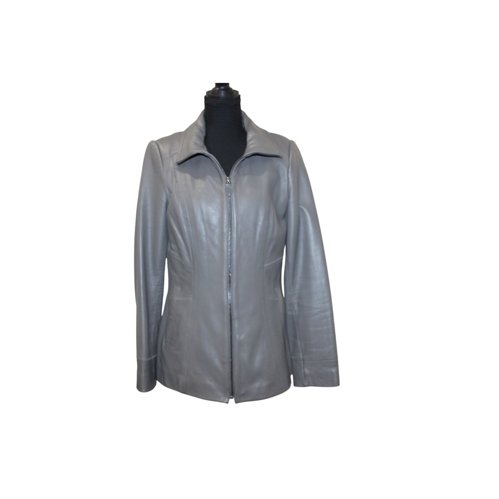 Tahari Lambskin Leather Jacket Womens Medium‎ Gray Excellent  Zip Front Coat